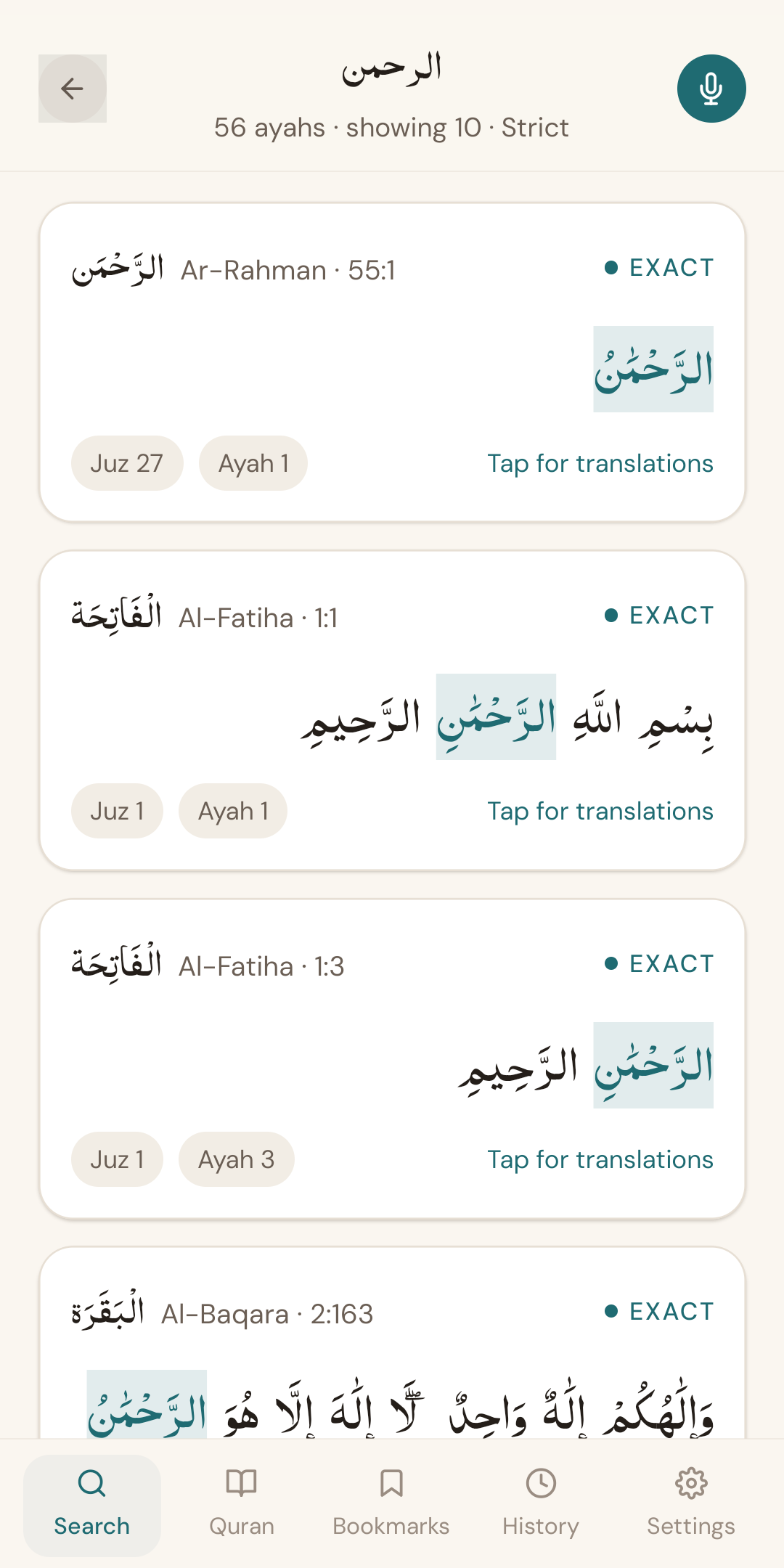Search results for a word, matches highlighted